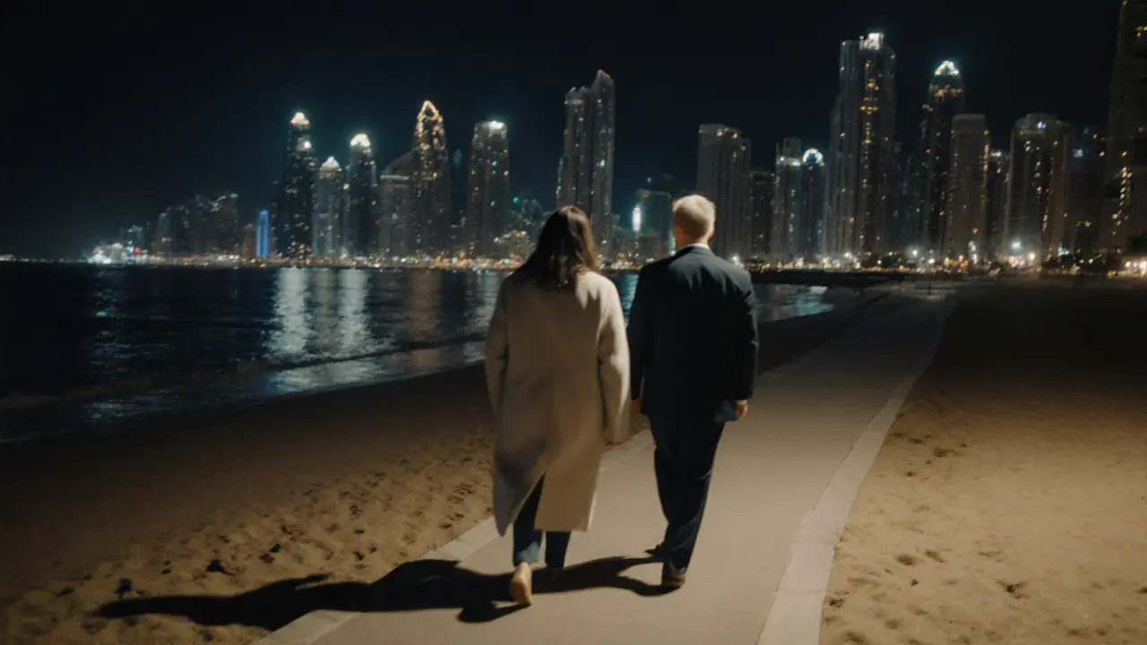 A man and woman walk side by side along a quiet Dubai beach at dusk, sharing a silent moment.