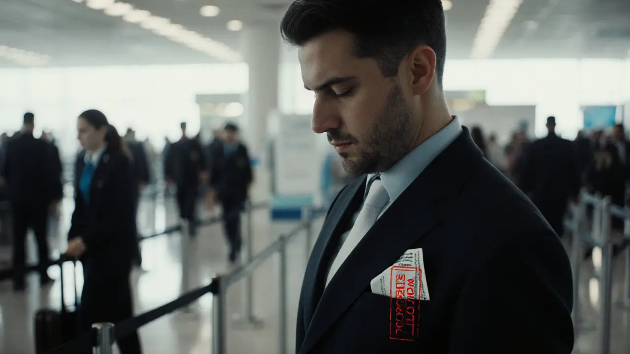 A man is deported from Dubai, a massage receipt visible in his pocket as he stares at his stamped passport.