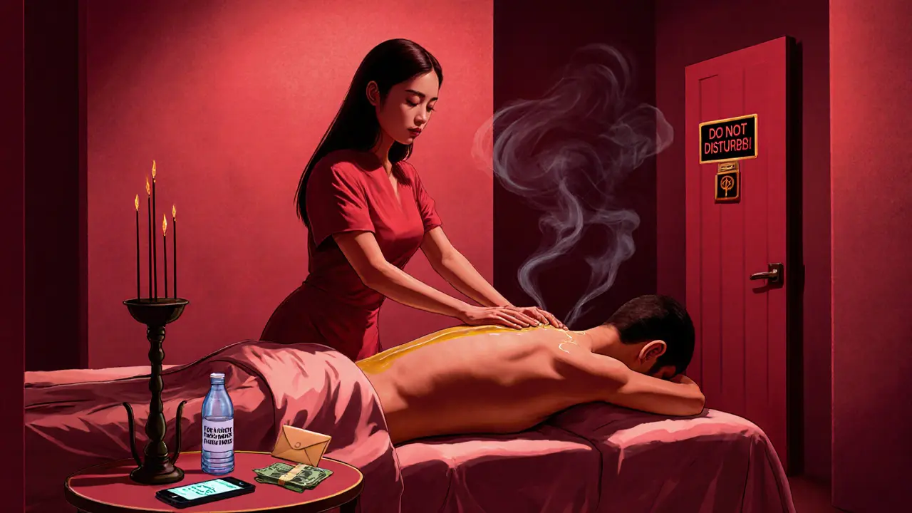 A masseuse applies oil to a client&#039;s back in a dimly lit room, incense smoke curling, cash and phone on the table.