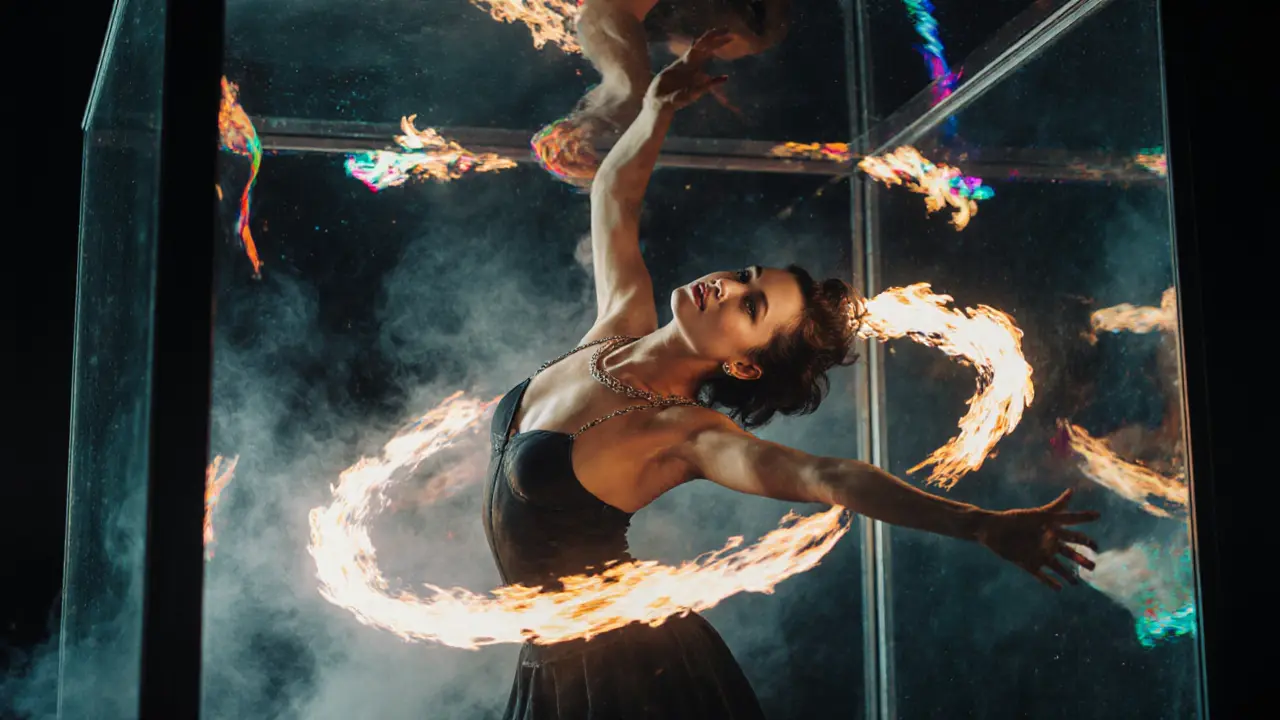 A performer dances inside a glass box with fire poi swirling around her, lights reflecting off the glass.