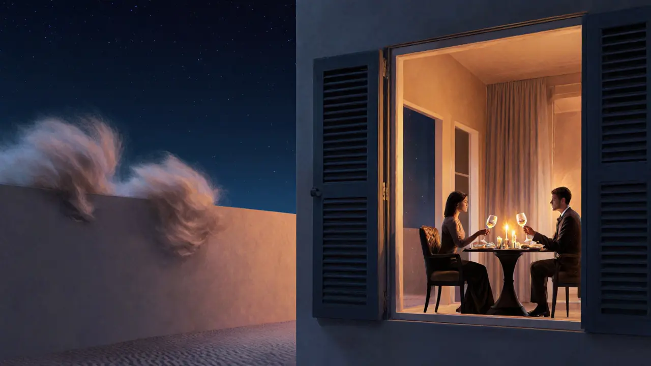 A private dinner for two in a Dubai villa, candlelit and secluded, behind high walls under a starless night.
