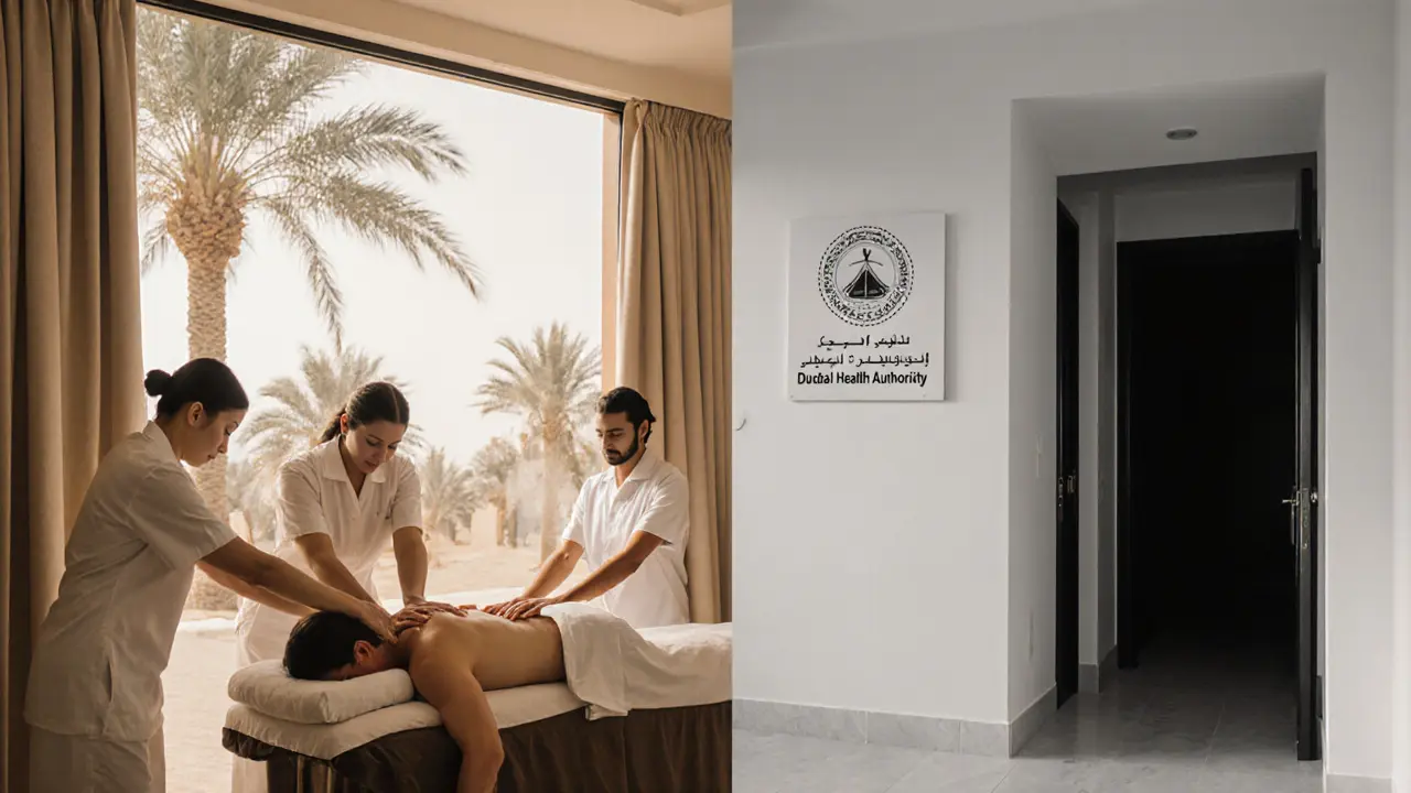 A professional spa session in a bright, licensed wellness center, with a dark hallway visible in the background.