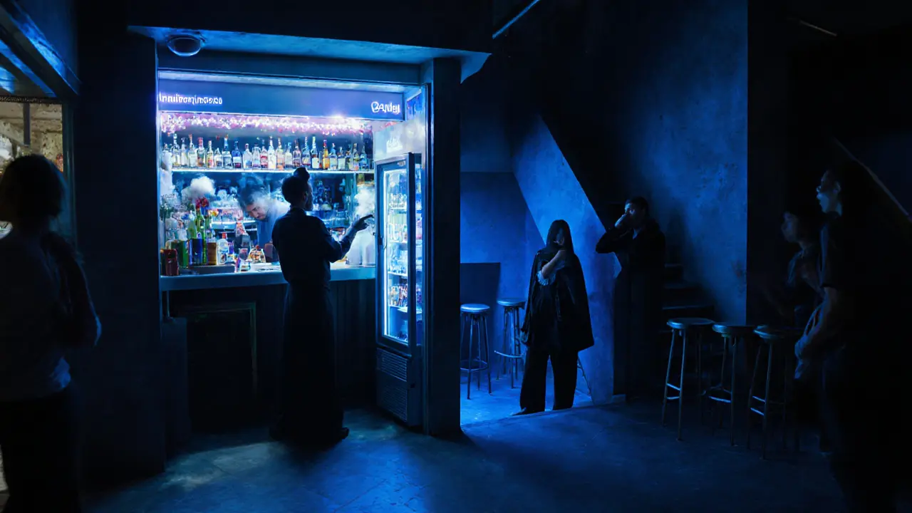 A secret underground bar accessed through a fridge, with misty cocktails and dancers behind the bar.