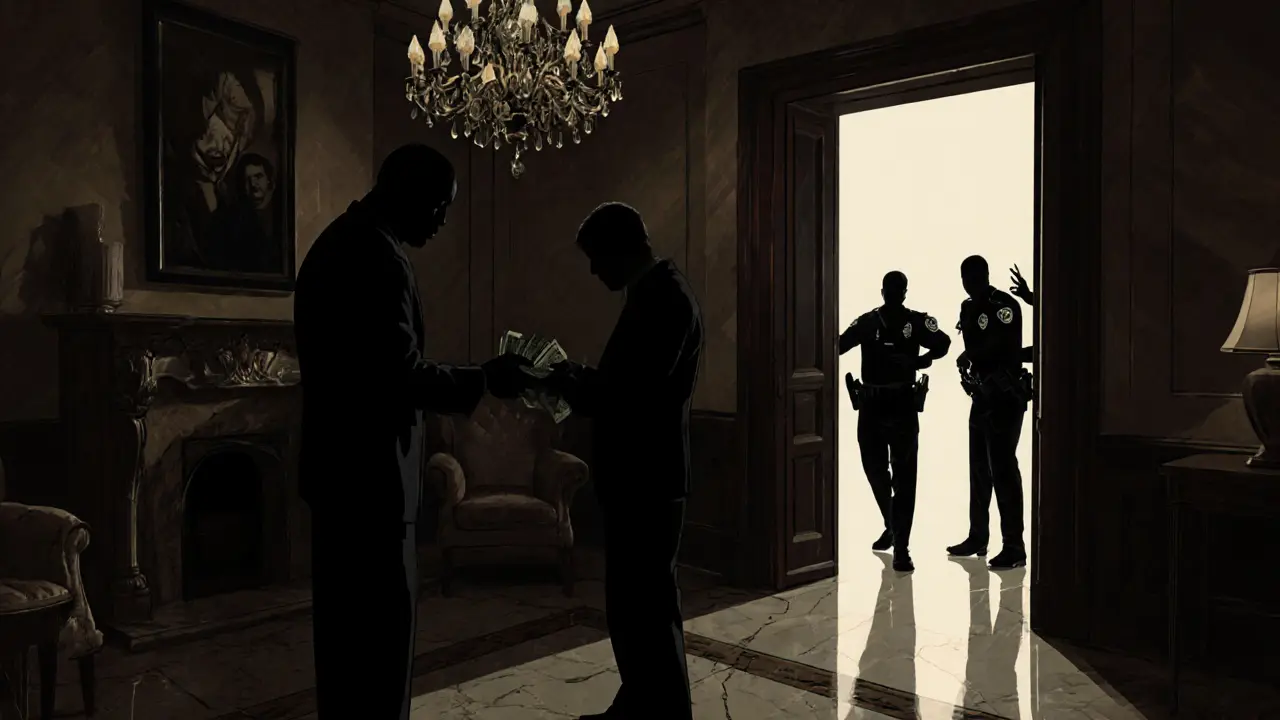 A shadowy transaction in a hotel room with police entering the doorway, luxury surroundings in background.