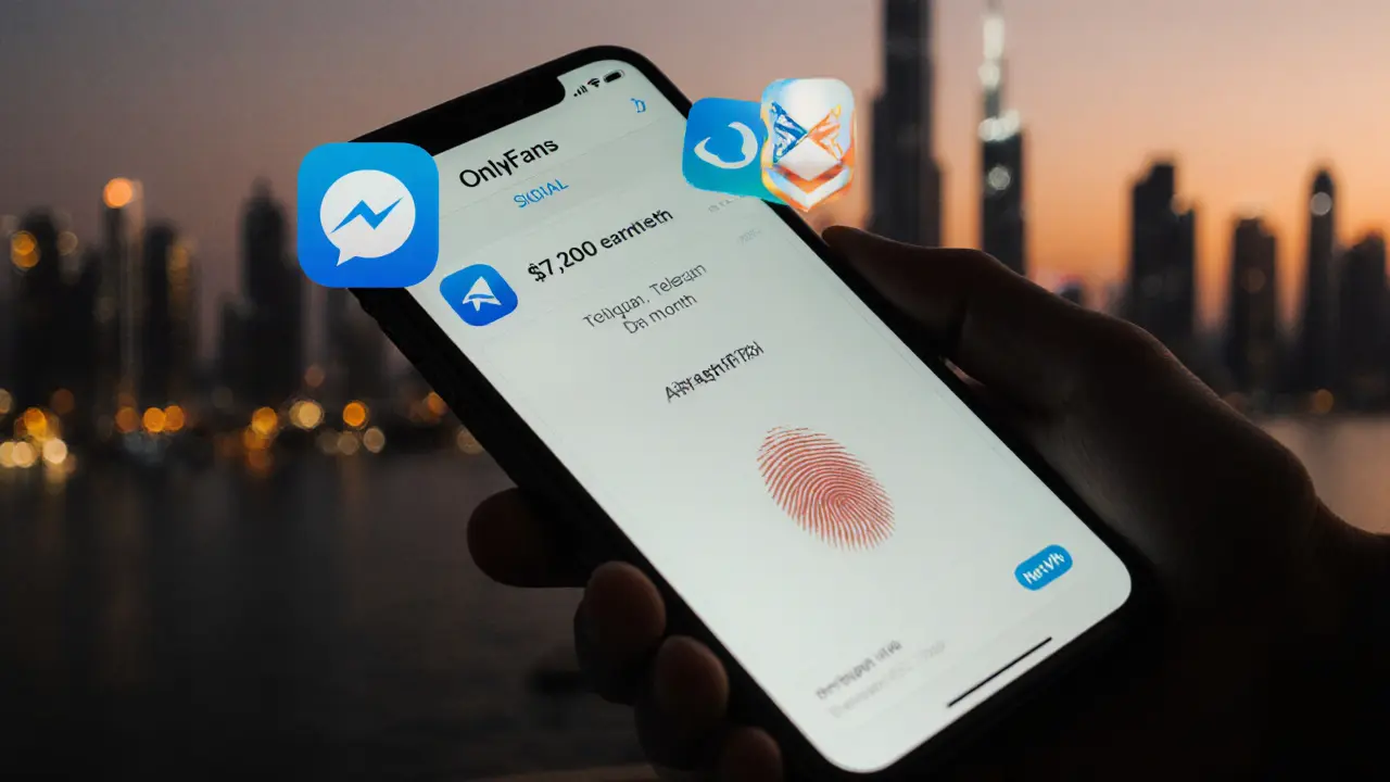 A smartphone displays a ,200 earnings notification on an OnlyFans dashboard, with Dubai&#039;s skyline in the background.