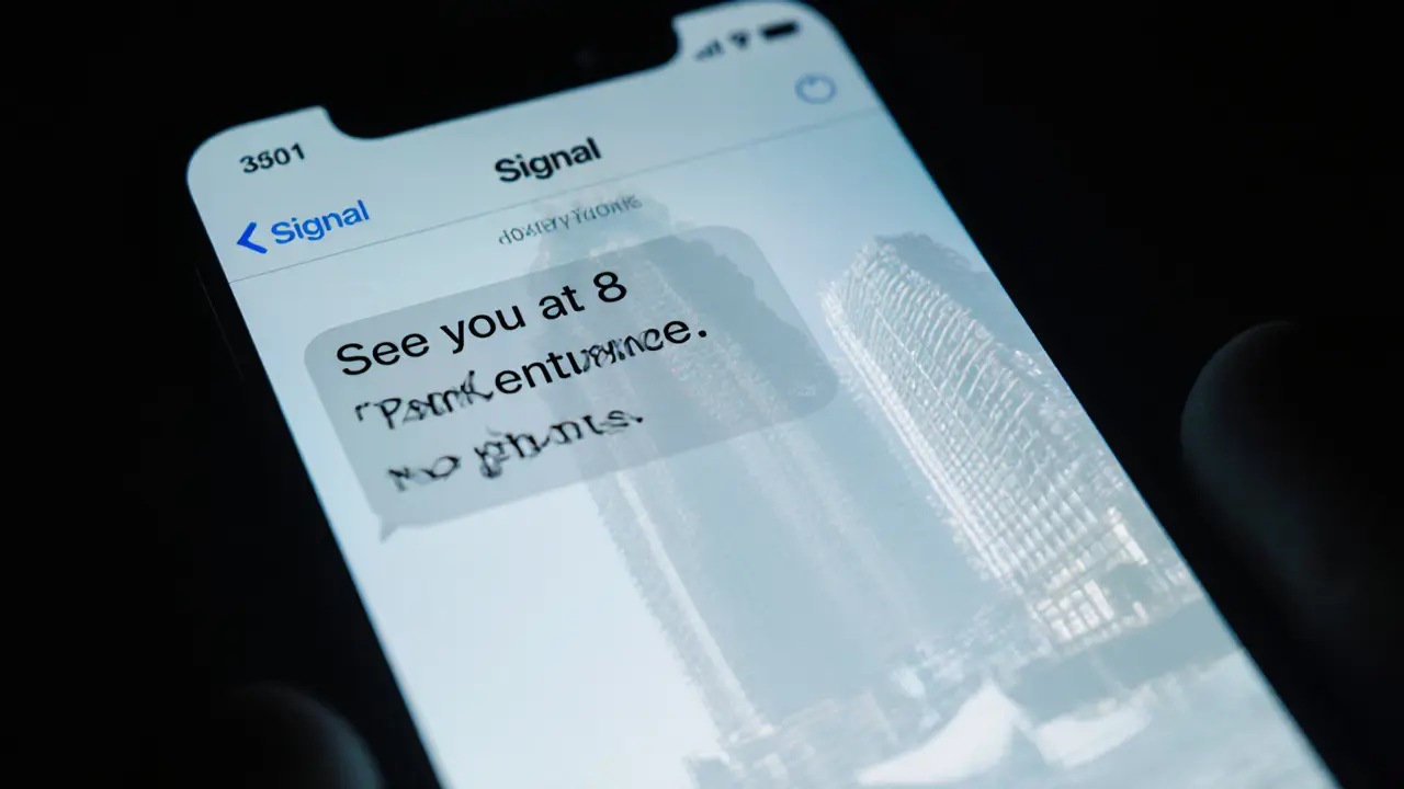 A smartphone displays an encrypted message, reflecting a luxury hotel in its screen.
