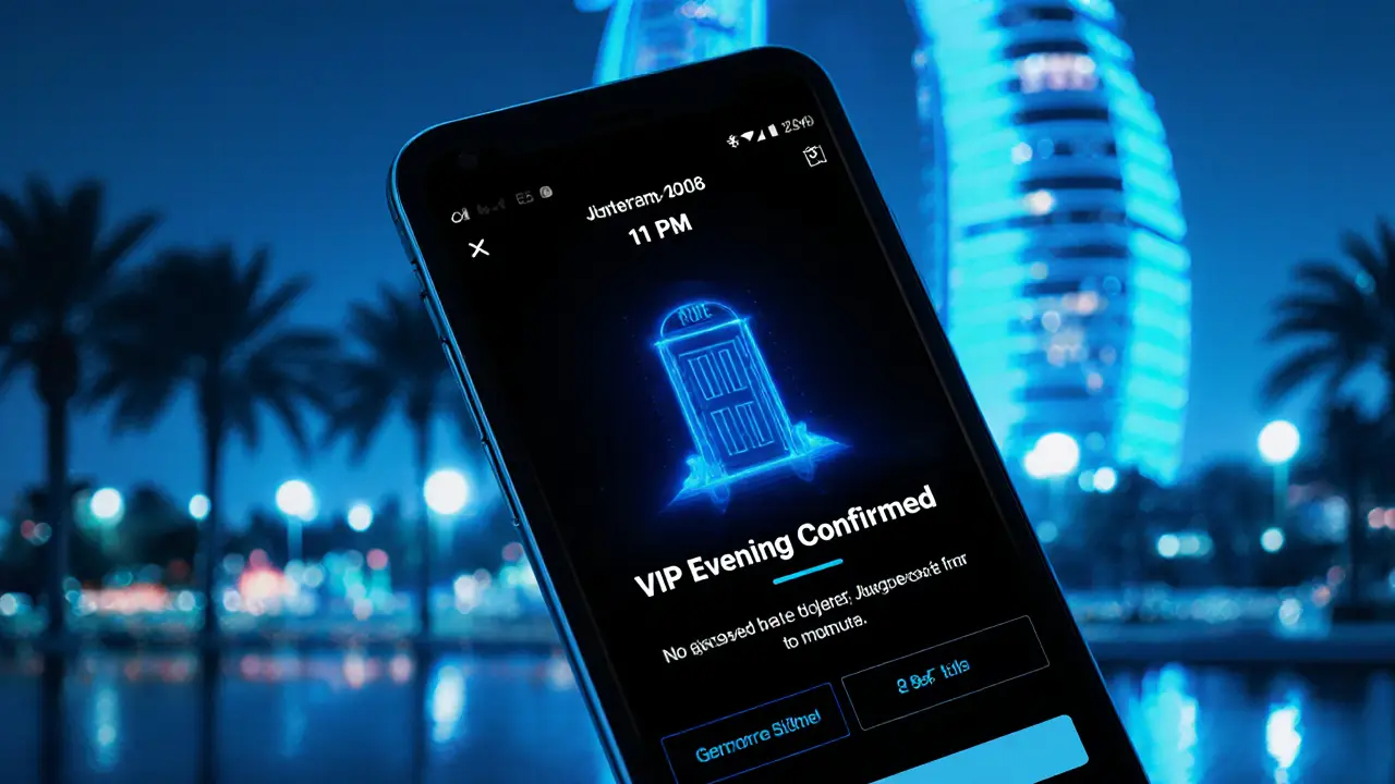 A smartphone shows an encrypted booking notification for a VIP evening at a discreet Dubai venue.