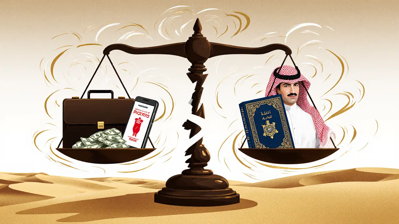 A symbolic legal scale in the desert, one side holding money and a phone, the other side representing Emirati culture and law.