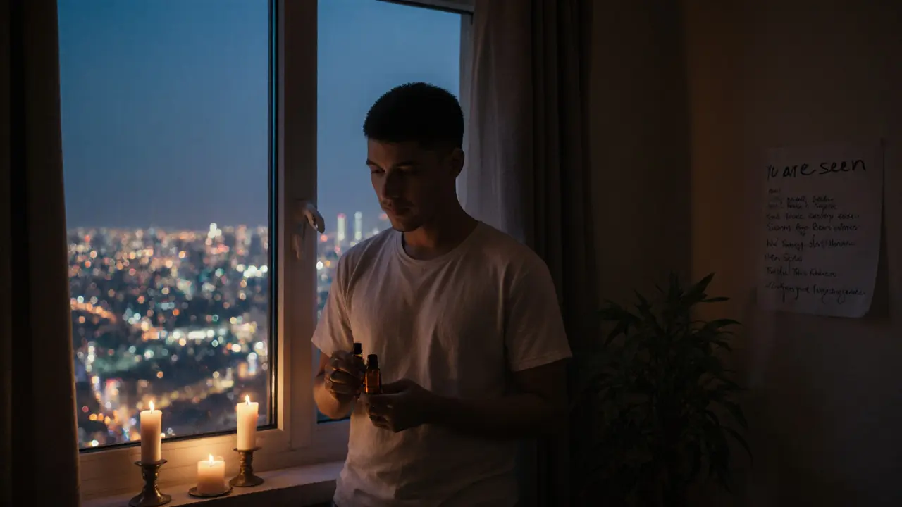 A Thai massage therapist standing alone by a window in Dubai, holding oil, with candles and a note saying &#039;You are seen.&#039;