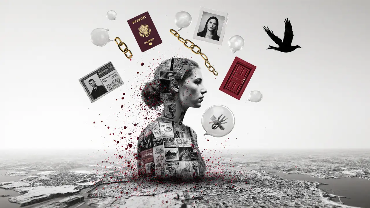 A translucent figure made of documents and messages dissolving over Dubai, symbolizing hidden lives and survival.