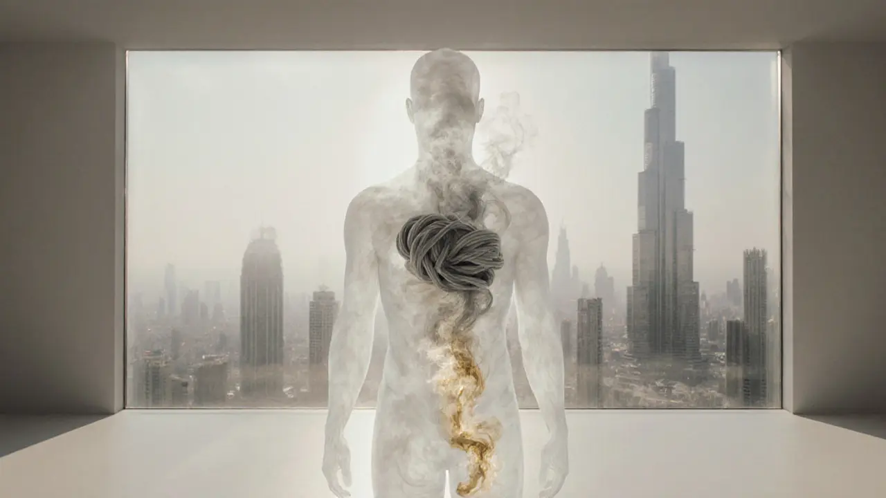 A transparent human figure filled with unraveling smoke, dissolving into golden light in a white room, representing emotional release.