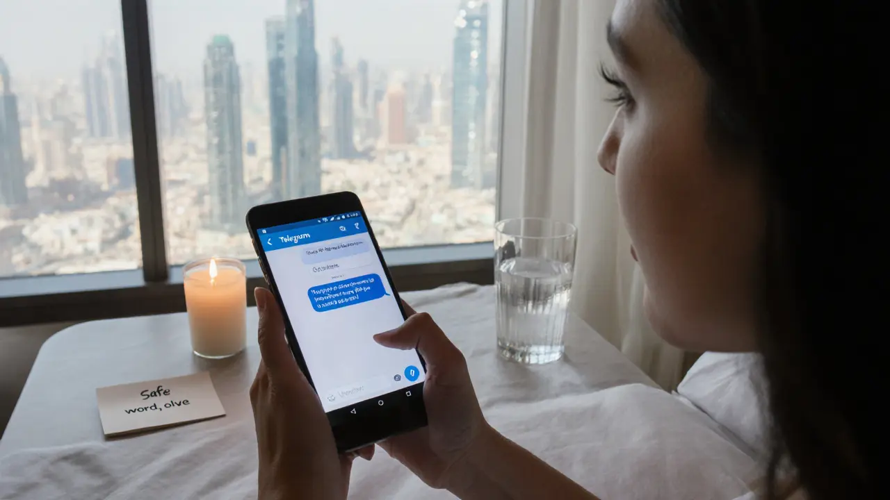 A woman&#039;s eye reflects a hidden encrypted chat, with Dubai&#039;s skyline behind her, symbolizing secrecy and consent in kink culture.