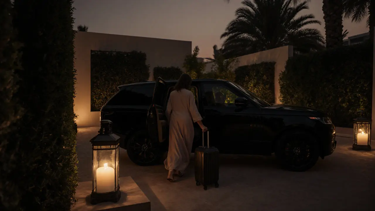 A woman arriving at a secluded villa in Palm Jumeirah at twilight, surrounded by privacy and anonymity.