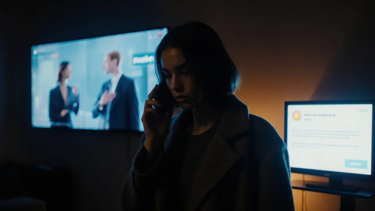 A woman holds a burner phone in a stylish apartment, with AI avatars visible on a monitor behind her.