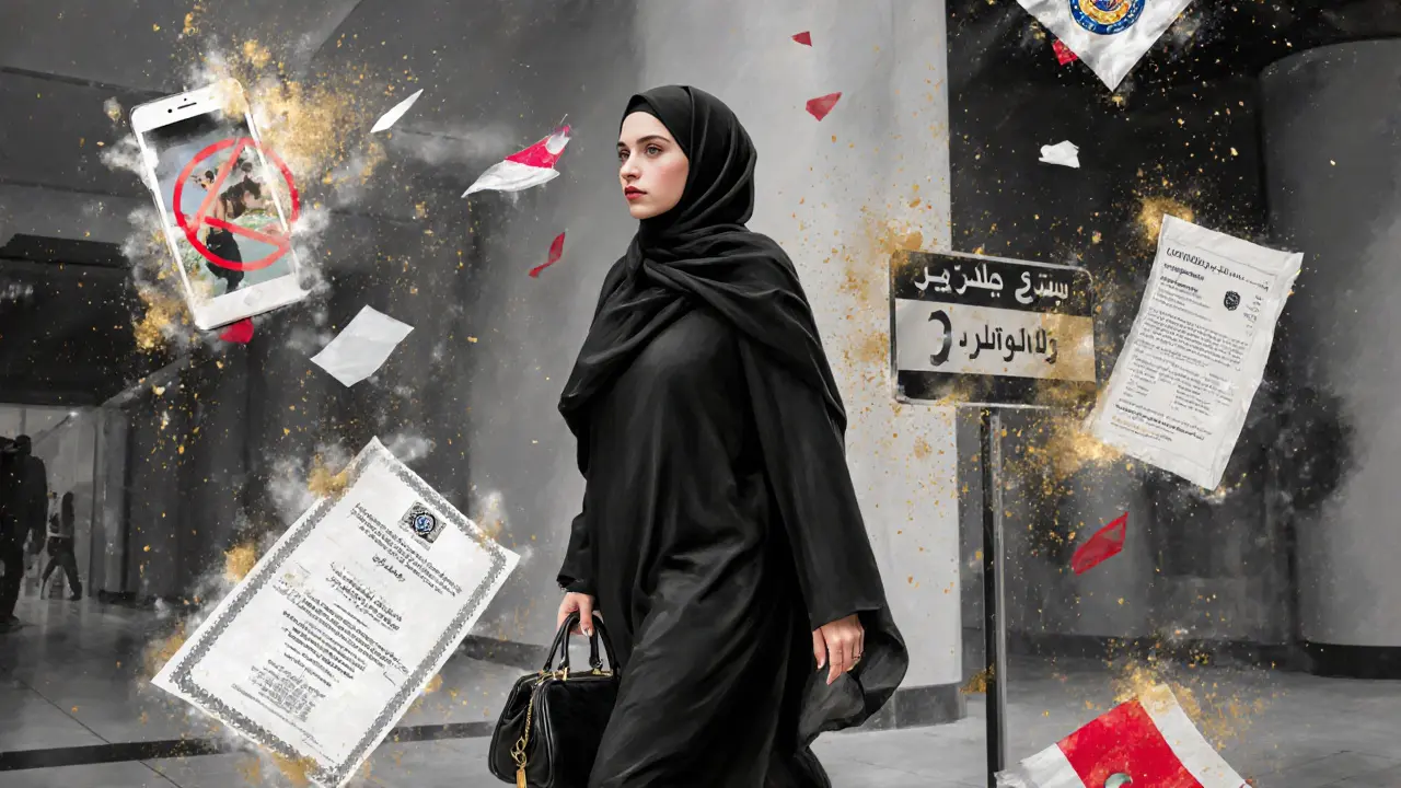 A woman in a designer abaya walks past a modesty sign, surrounded by floating symbols of repression and desire.