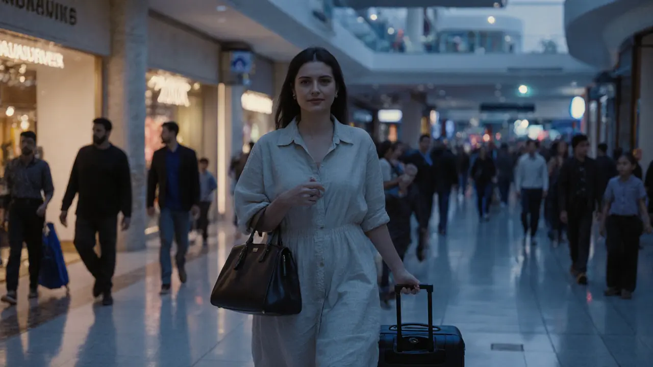A woman walking through a Dubai mall with a suitcase, blending into the crowd with quiet confidence and anonymity.