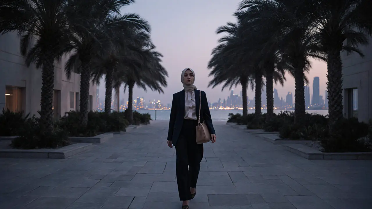 A woman walks calmly through a Dubai courtyard in modest, high-end attire as the city glows at dusk.
