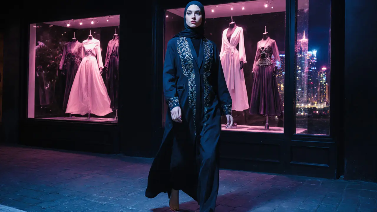 A young Emirati woman walks in a modern abaya, blending tradition with bold, body-conscious fashion under city lights.