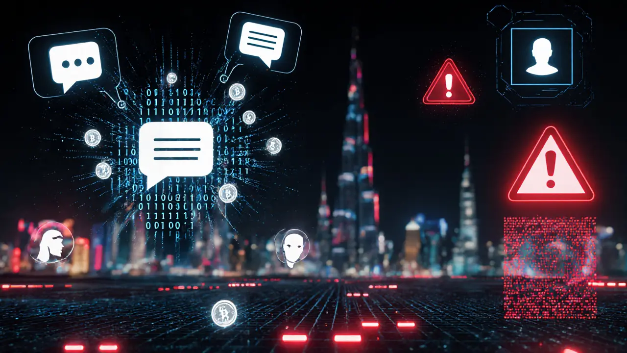 An abstract digital scene shows encrypted messages, crypto coins, and AI avatars over Dubai’s skyline with warning alerts.