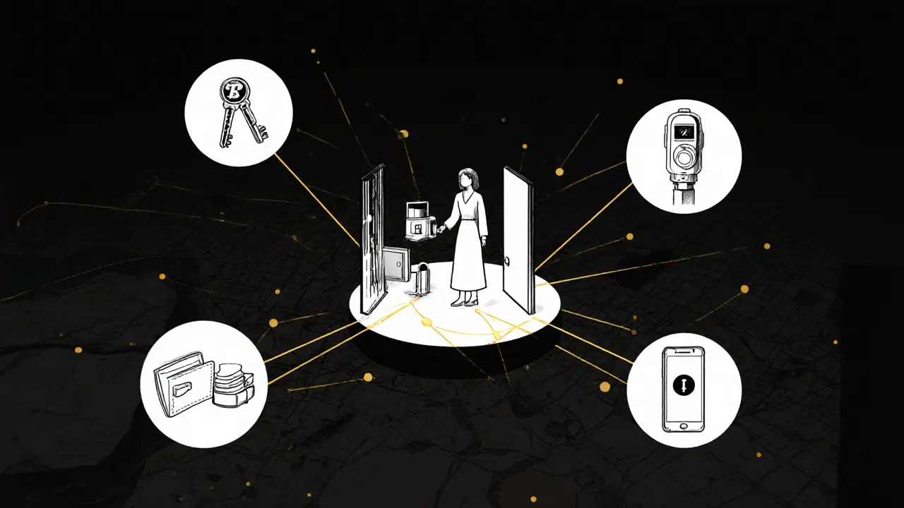 An abstract network connecting a woman to symbols of housing, transport, digital payments, and healthcare in Dubai&#039;s underground economy.