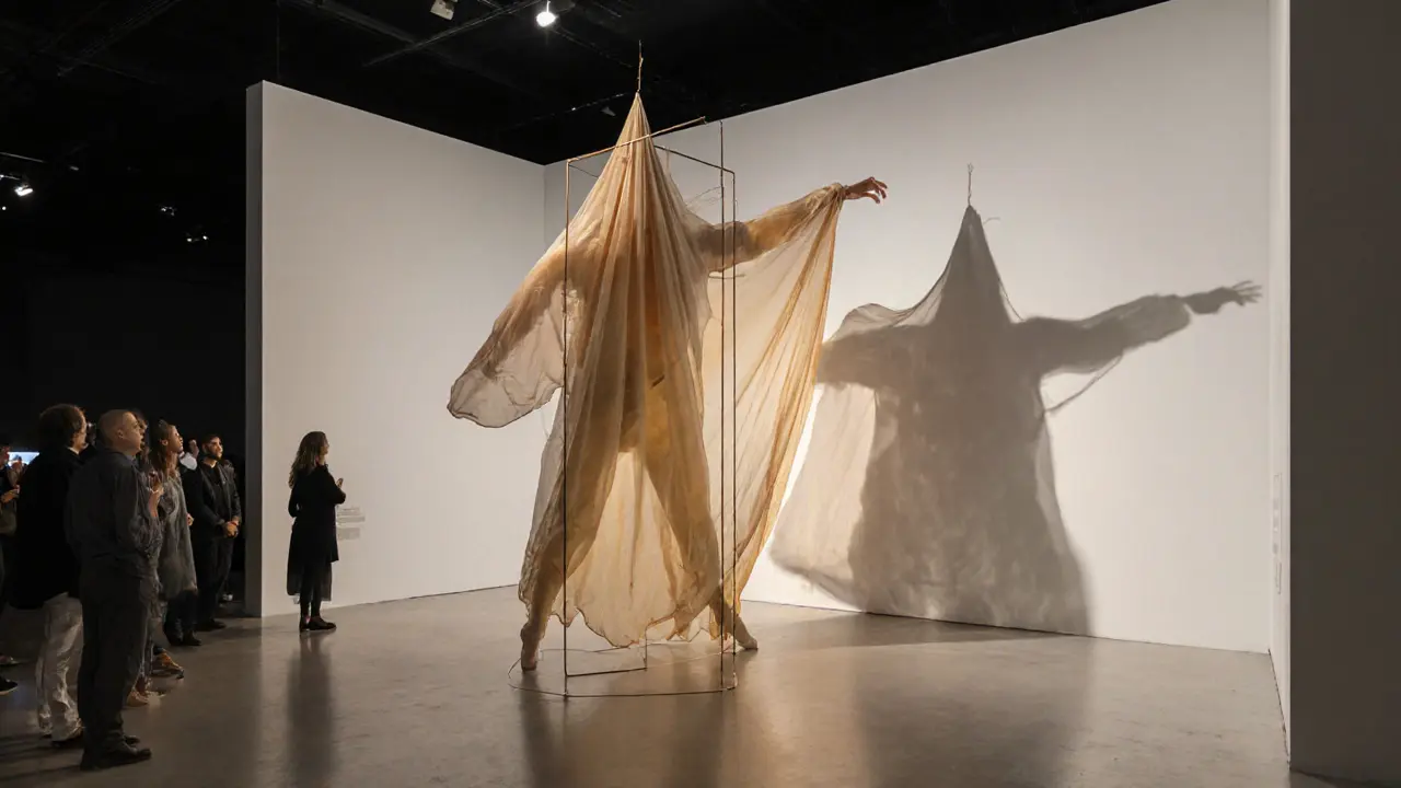 An abstract sculpture of silk and light evokes dancer-like movement, displayed in a modern art gallery.