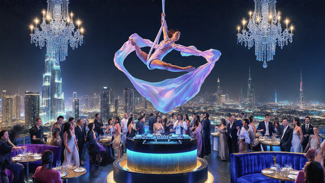 An aerial performer twirling above a luxury Dubai rooftop lounge with the Burj Khalifa glowing in the background.
