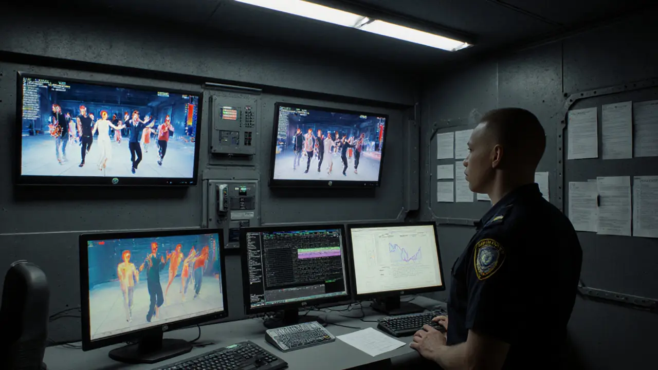 An AI surveillance system monitors guest behavior on multiple screens in a secure control room.