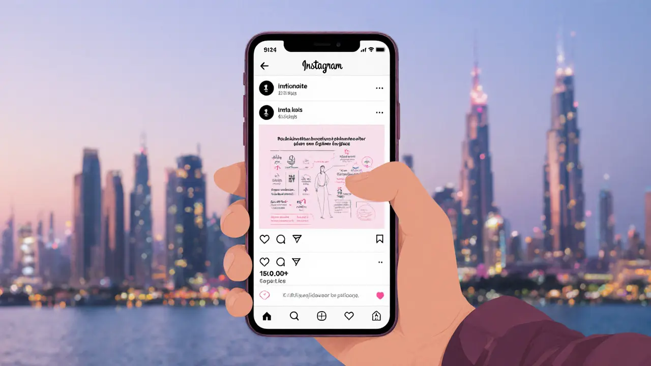An anonymous social media post about consent on a smartphone, with Dubai&#039;s skyline in the background.