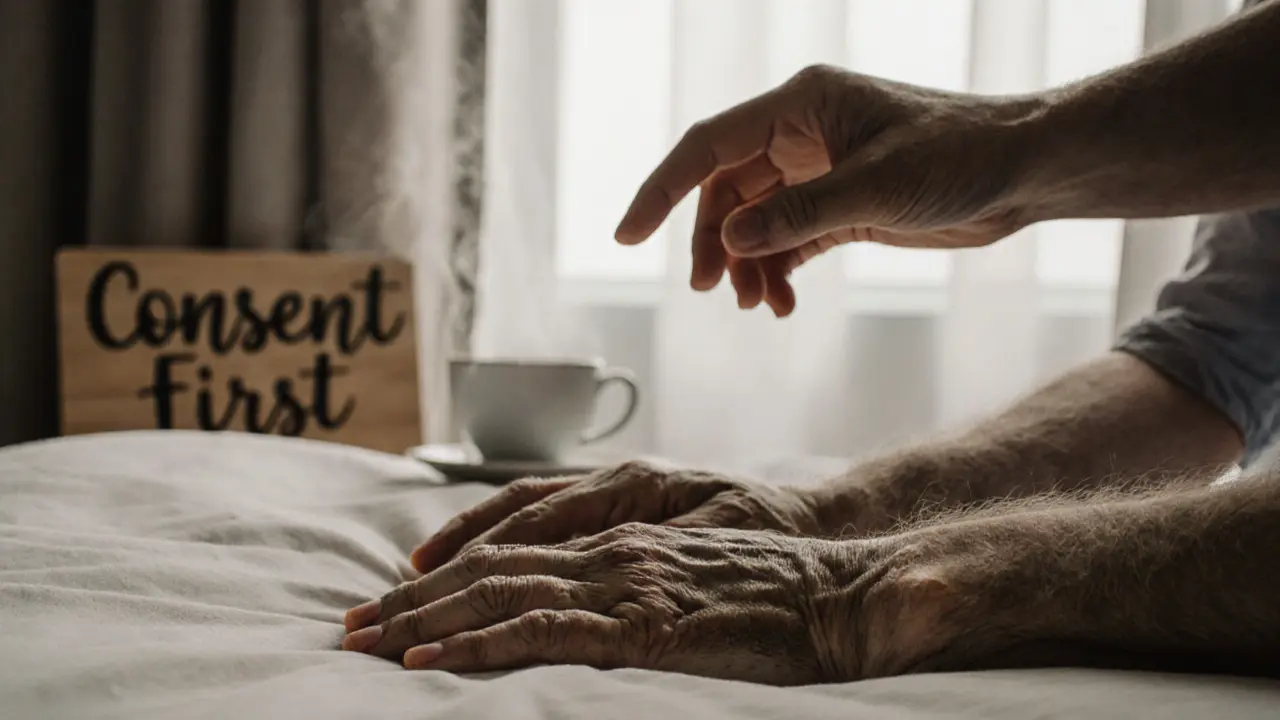 An elderly man&#039;s hand resting on linen, a therapist&#039;s hand hovering above it, symbolizing trust and consent before touch.