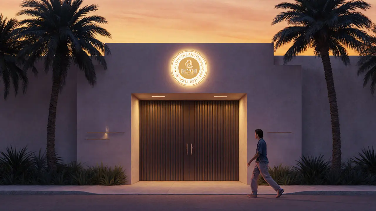 An elegant, discreet wellness center entrance at dusk with a DTCM badge, palm trees, and a guest entering quietly.