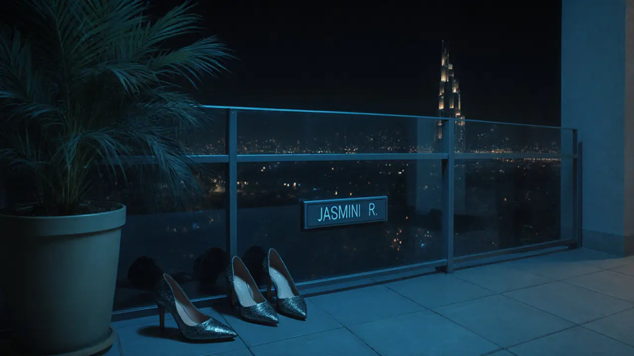 An empty luxury balcony at night with designer heels beside a palm tree, Dubai towers glowing in the distance.