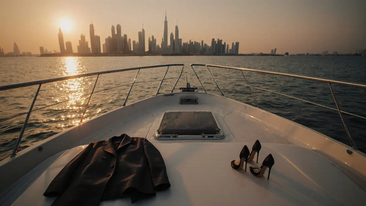 An empty luxury yacht at sunset, with designer shoes and a coat left behind, suggesting a private encounter.