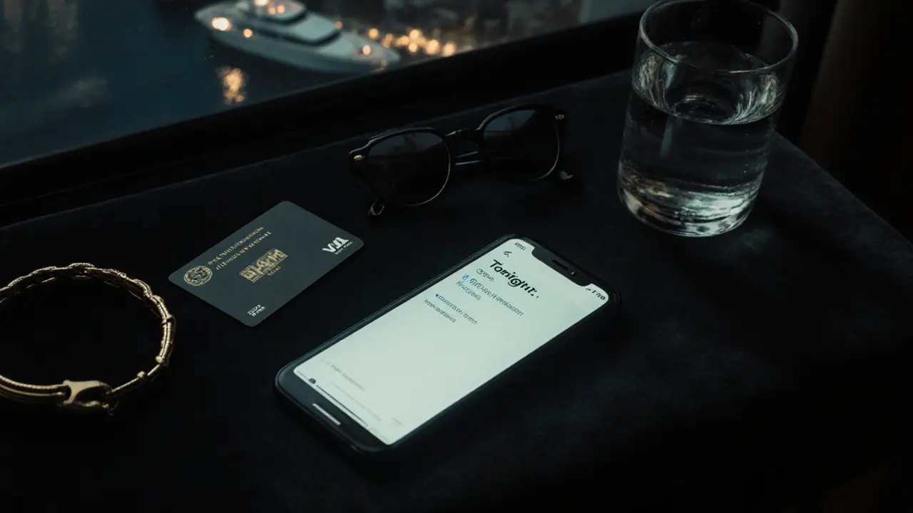 An encrypted phone glows in the dark beside a hotel keycard and sunglasses, hinting at a discreet meeting.