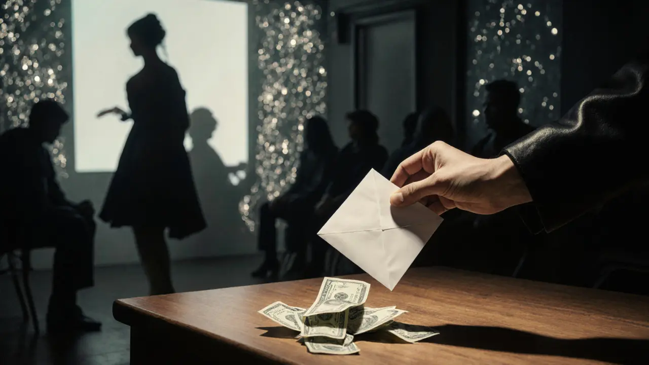 An envelope of cash left on a table in a secretive venue, no faces visible, only shadows.