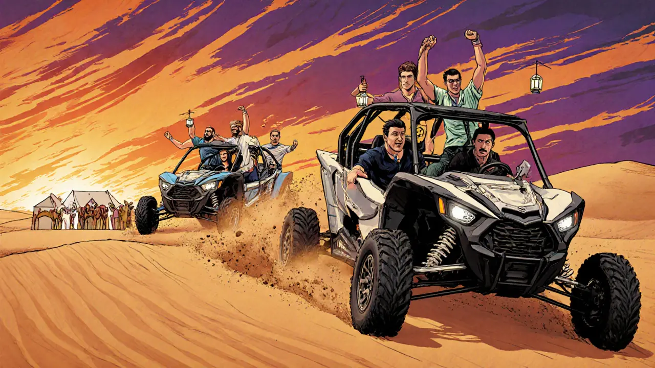 Bachelor party group riding dune buggies through desert dunes at golden hour.