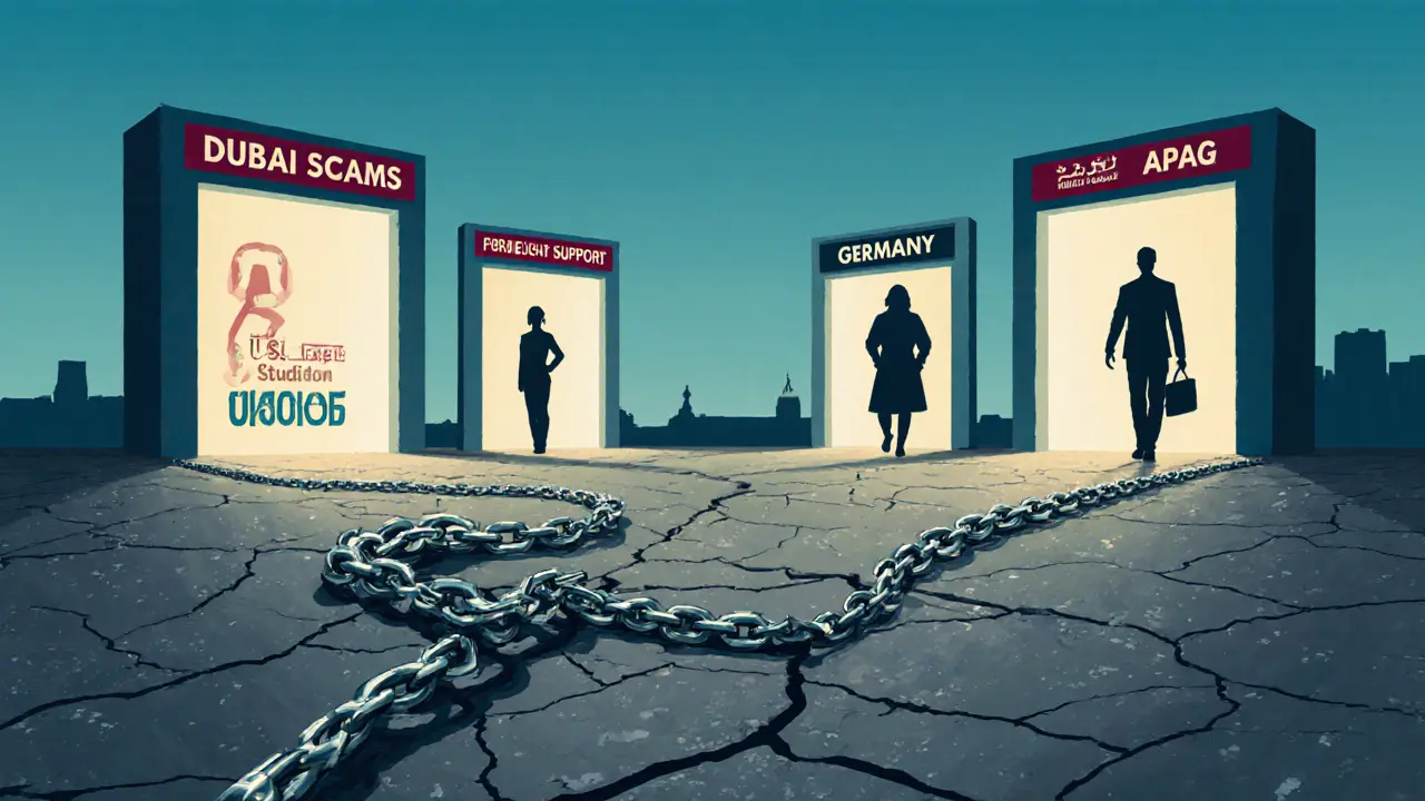 Broken chain leading to glowing doorways representing safe, legal adult industry pathways.