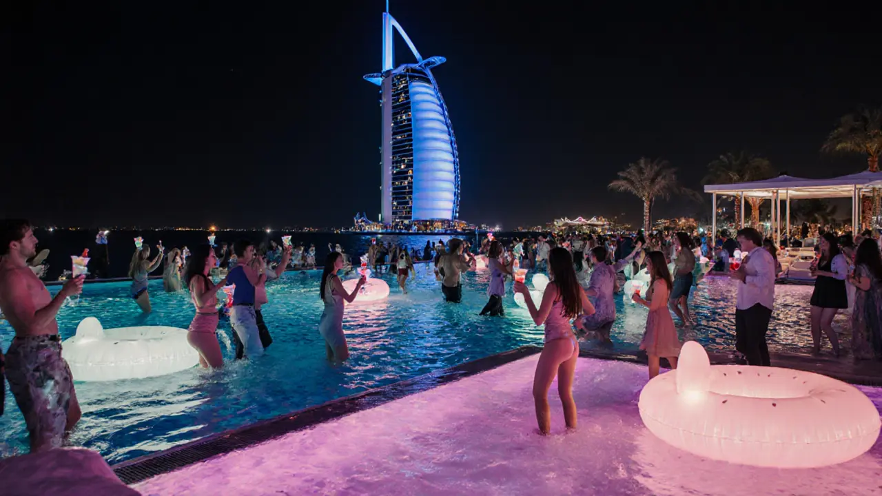 Cielo Beach pool party at night with neon-lit water, dancing crowds, and Burj Al Arab in the background.