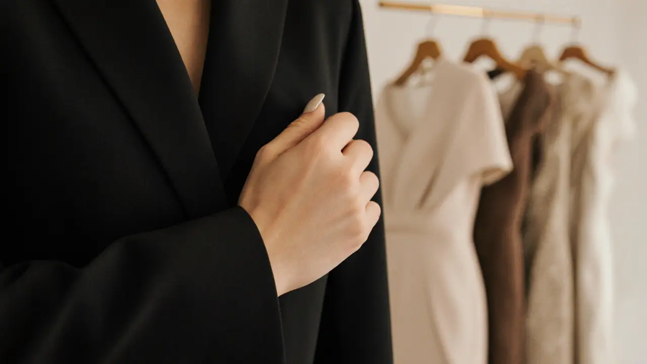 Close-up of hands adjusting a bespoke blazer with perfect nails and designer clothing visible in the background.
