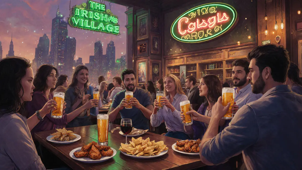 Crowd clinking glasses of beer and wine at a lively Irish pub with fresh snacks on wooden tables.