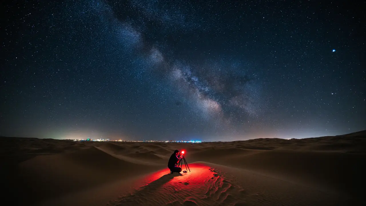 Desert under Milky Way with photographer silhouette and tripod, distant city lights on horizon.