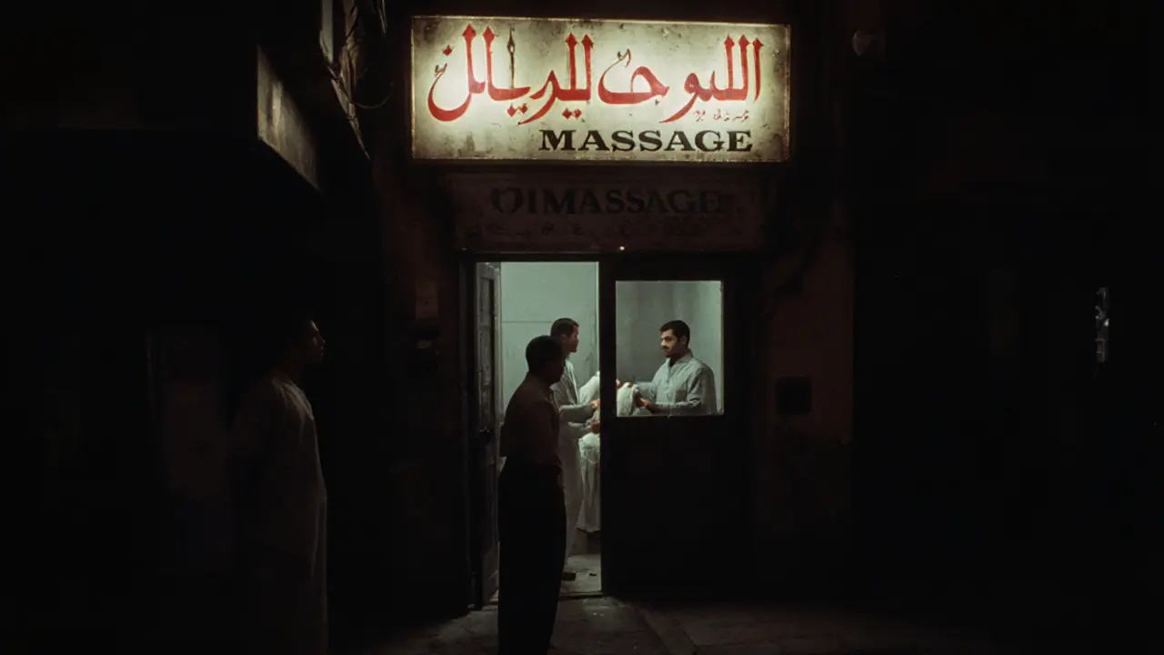 Dimly lit 1990s Dubai back-alley massage parlor with faded sign, expat hesitating at entrance under flickering neon.