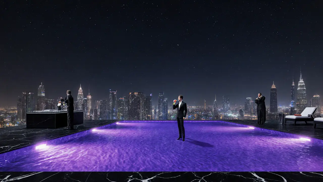 Exclusive Armani/Prive rooftop pool at midnight with glowing underwater lights and serene luxury ambiance.