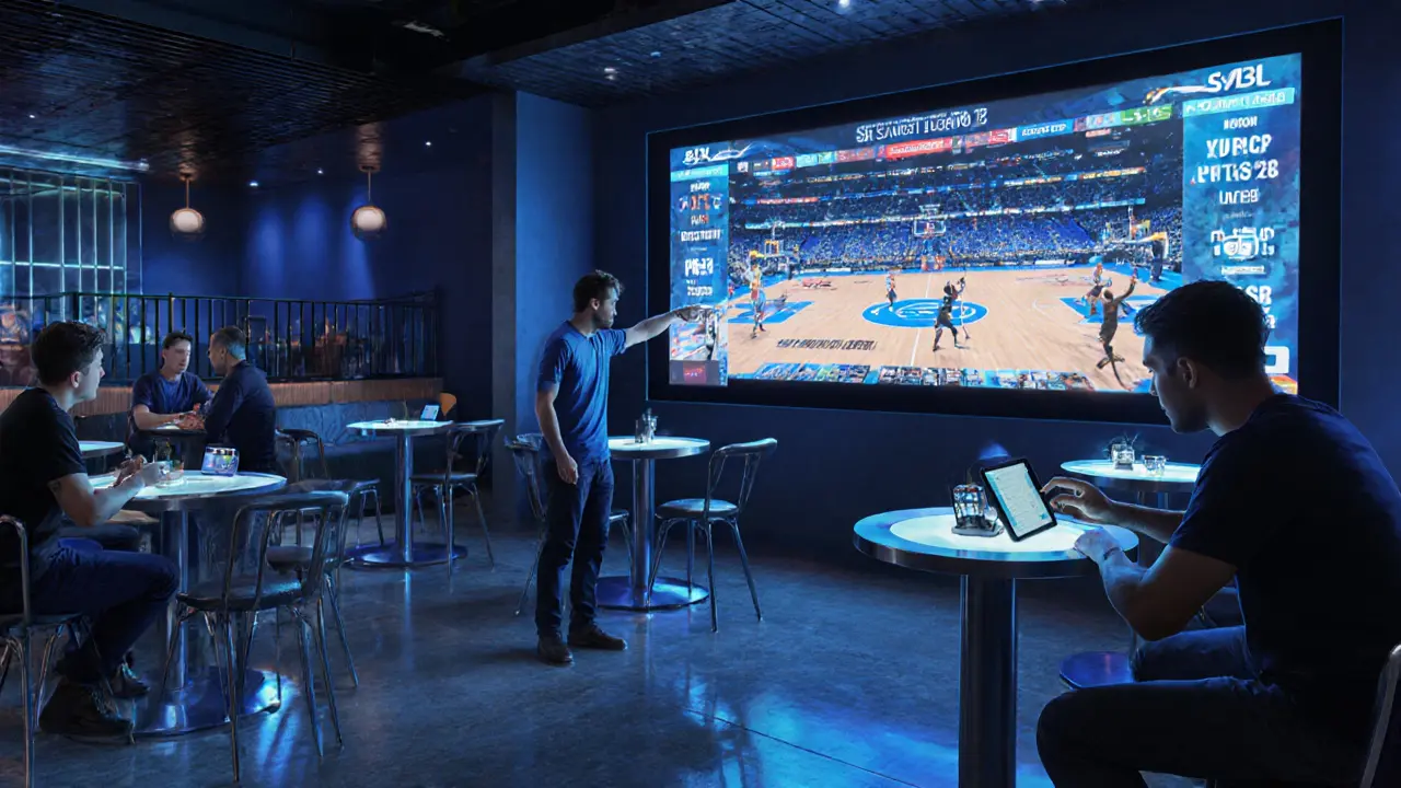 Fans at Sky Sports Bar using tablets to switch live sports feeds, central wall screen showing multiple games with real-time stats.