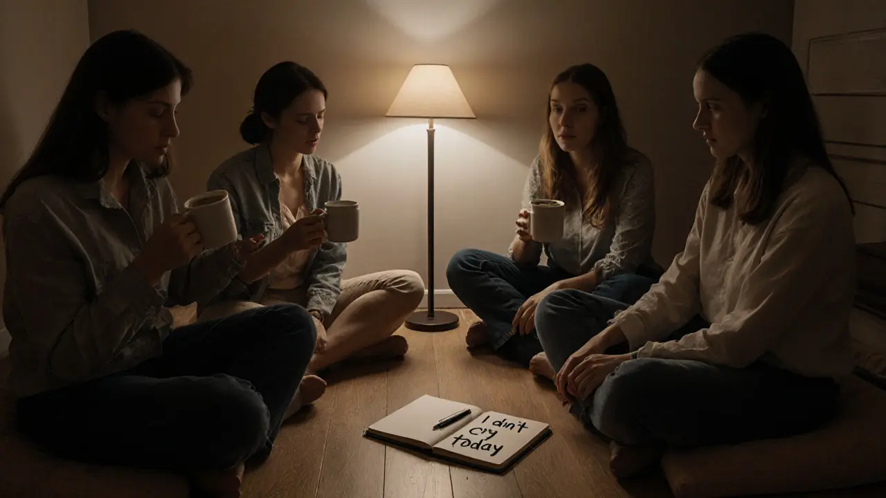 Five women sit in a quiet circle, sipping coffee in a modest apartment, sharing silent support.