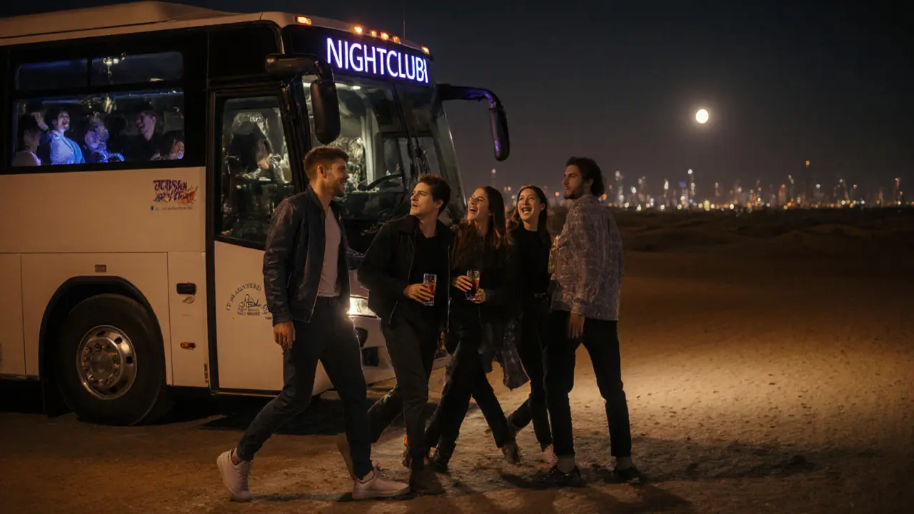 Friends being transported safely by shuttle bus after a night out in Dubai.