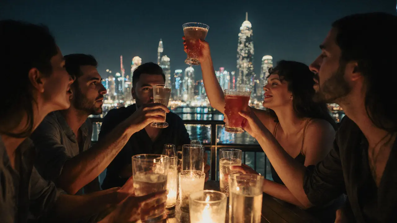 Friends cheering at a rooftop bar in Dubai Marina with city lights glowing behind them.