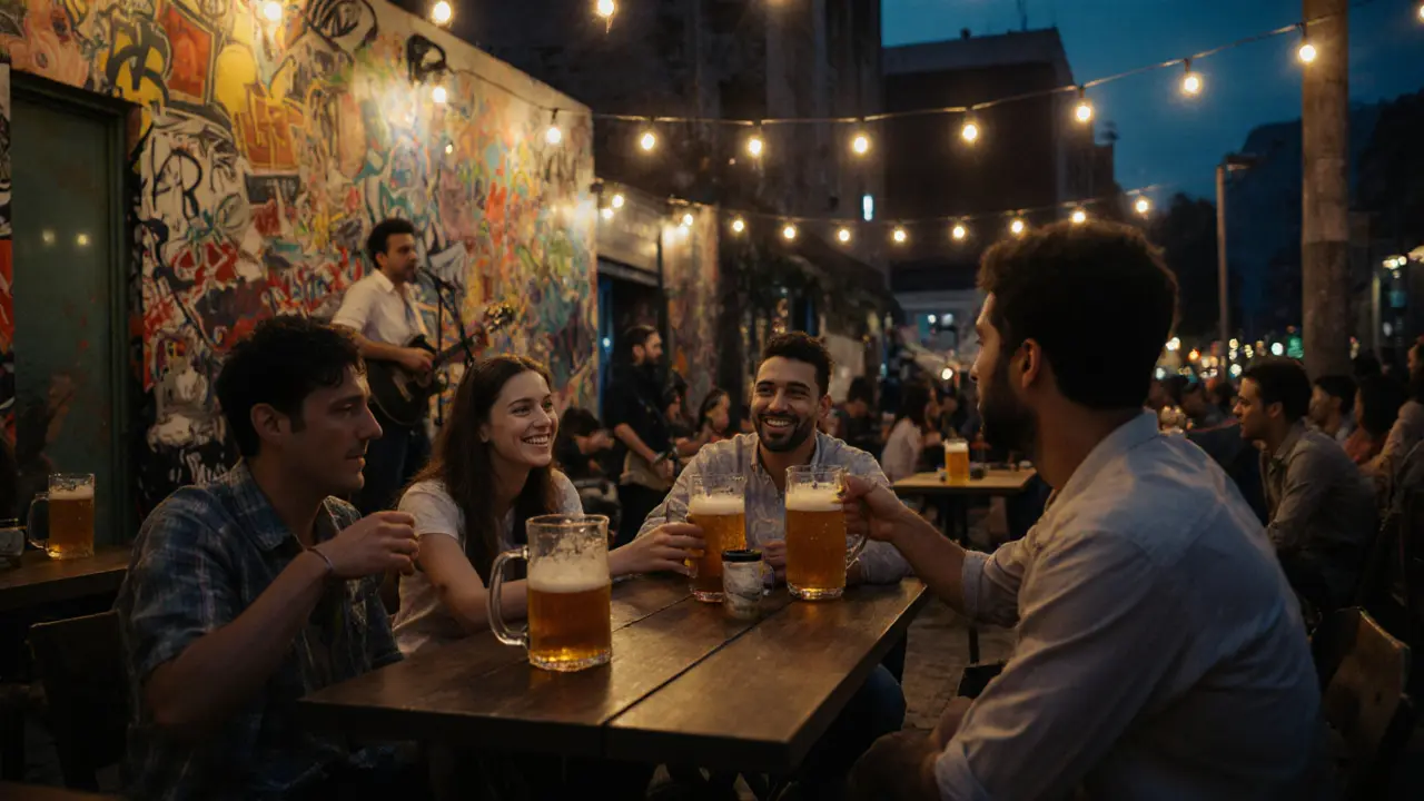 Friends enjoying drinks and live music at a casual bar in Alserkal Avenue at night
