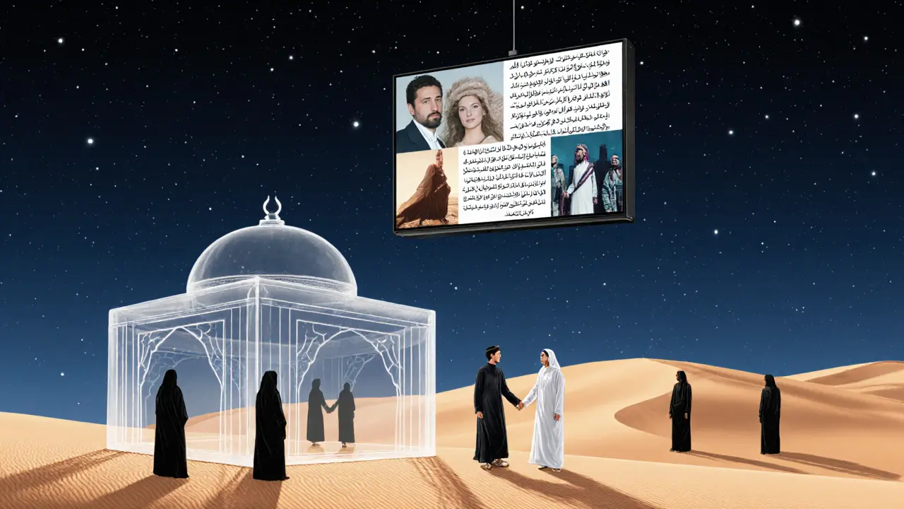 Glass wedding tent on desert dune with couple holding hands under stars, while Western TV scenes blend with Quranic verses above.