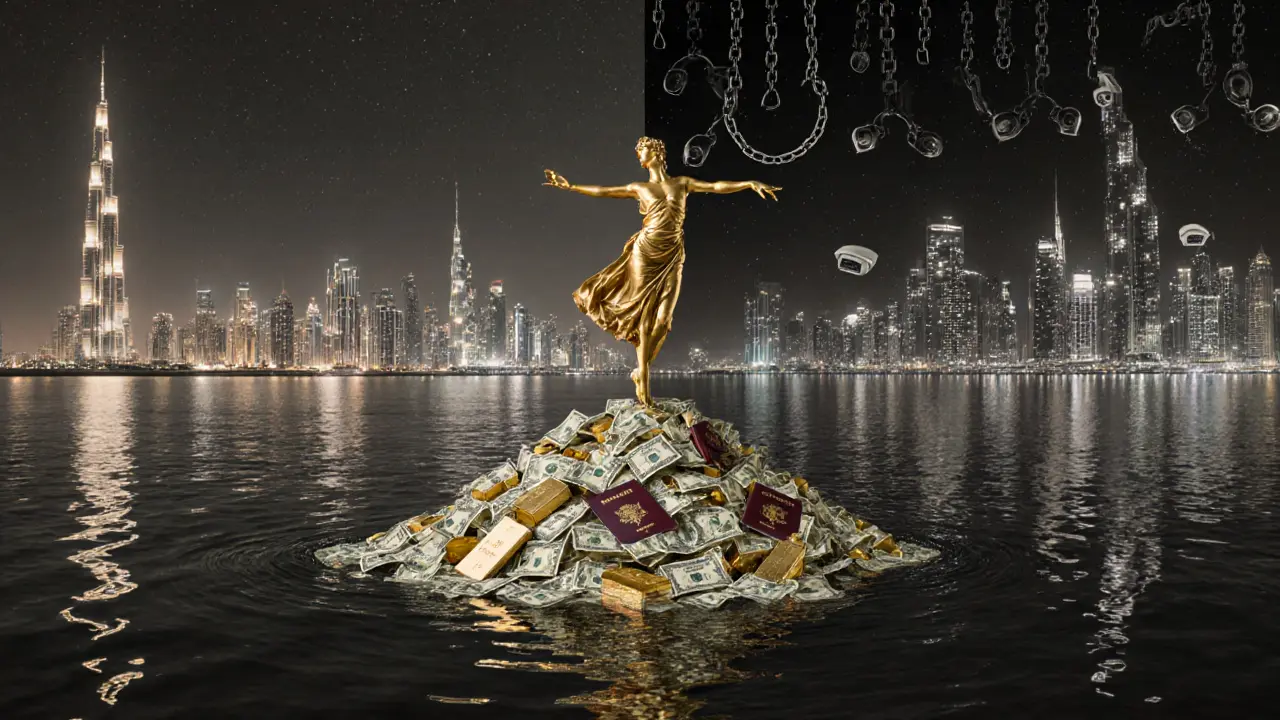 Golden dancer statue atop melting cash and passports, reflecting Dubai&#039;s skyline with hidden chains below.