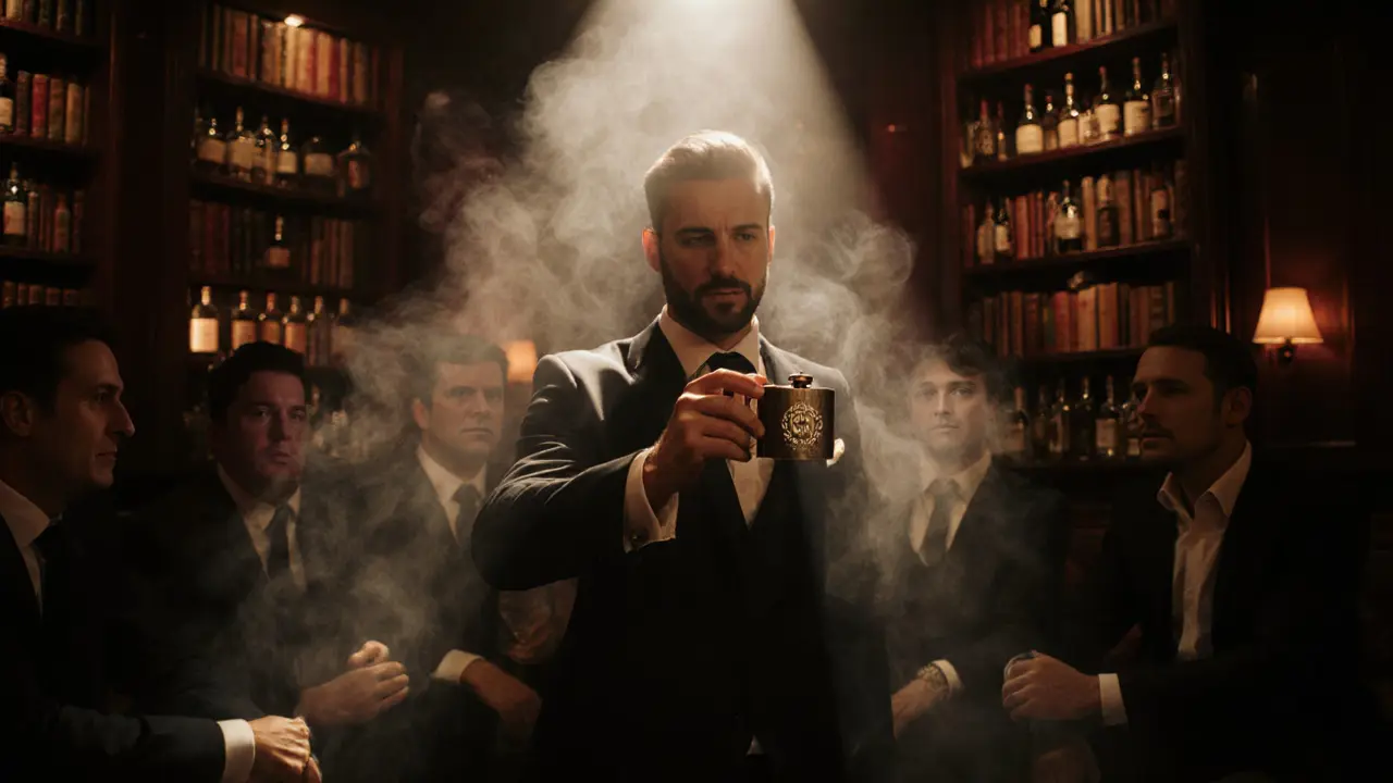 Groom holding a custom flask in a dimly lit speakeasy bar surrounded by friends in warm amber light.
